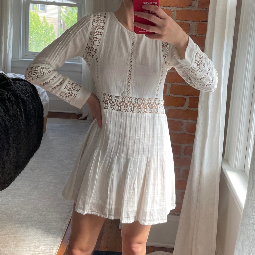 White Crochet Long Sleeve Cotton Dress